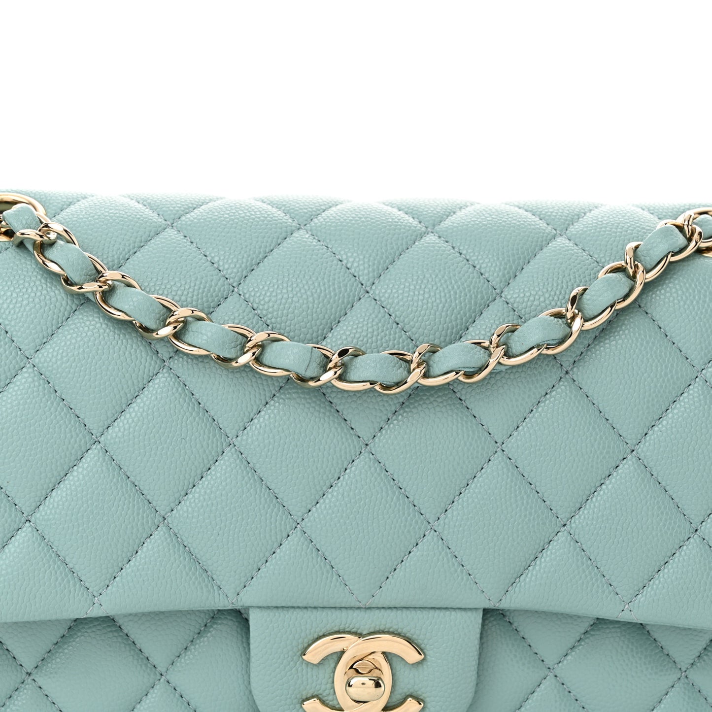 Caviar Quilted Medium Double Flap Light Blue