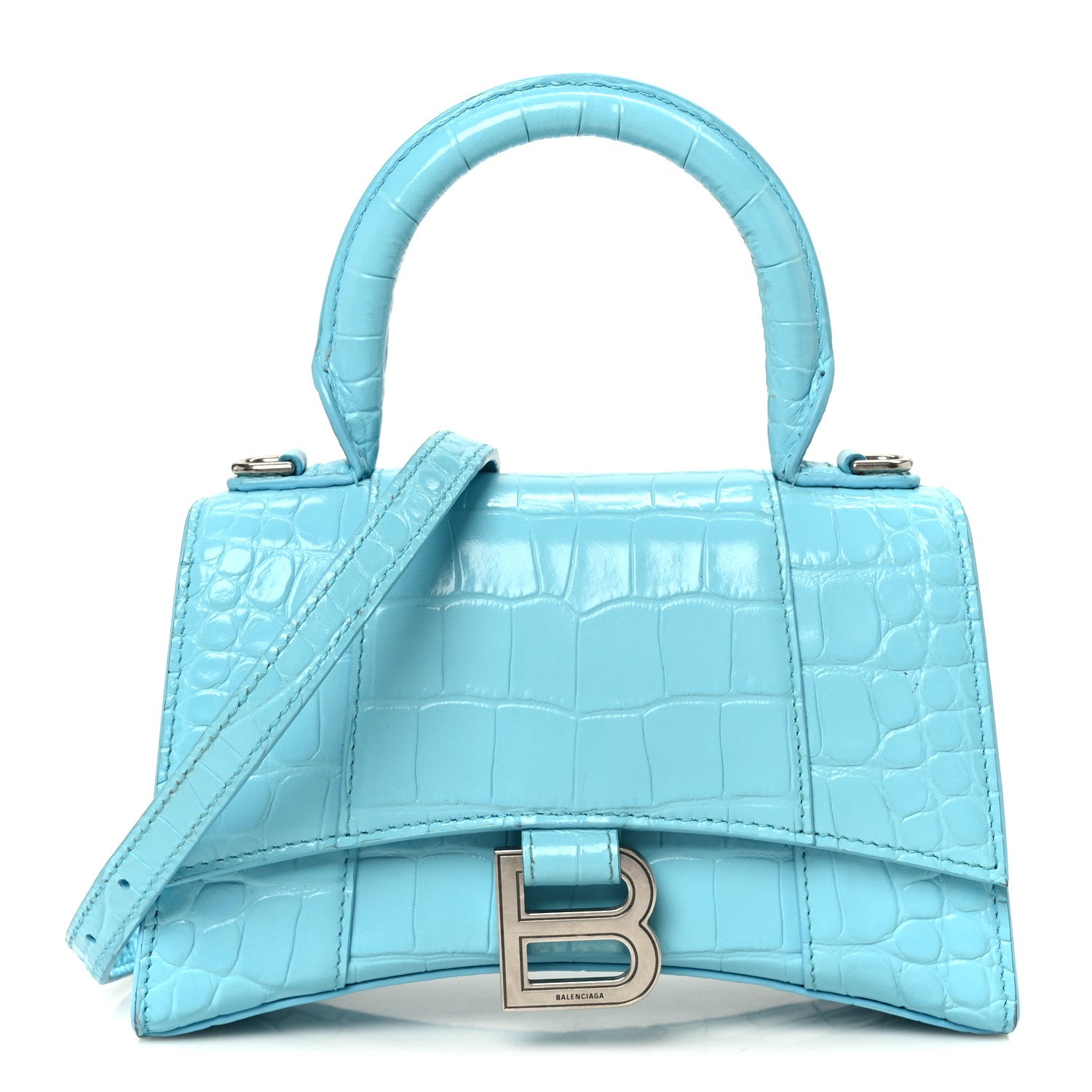Balenciaga Shiny Calfskin Crocodile Embossed Hourglass Top Handle