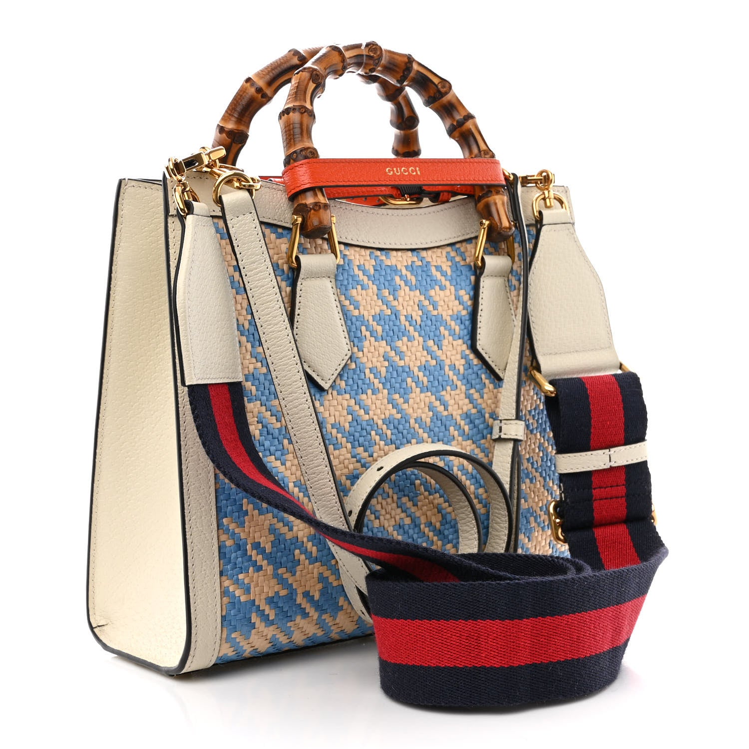 Gucci Raffia Textured Dollar Calfskin Web Houndstooth Small Diana Tote Bag Light Blue Natural Deep Orange 3 of 14