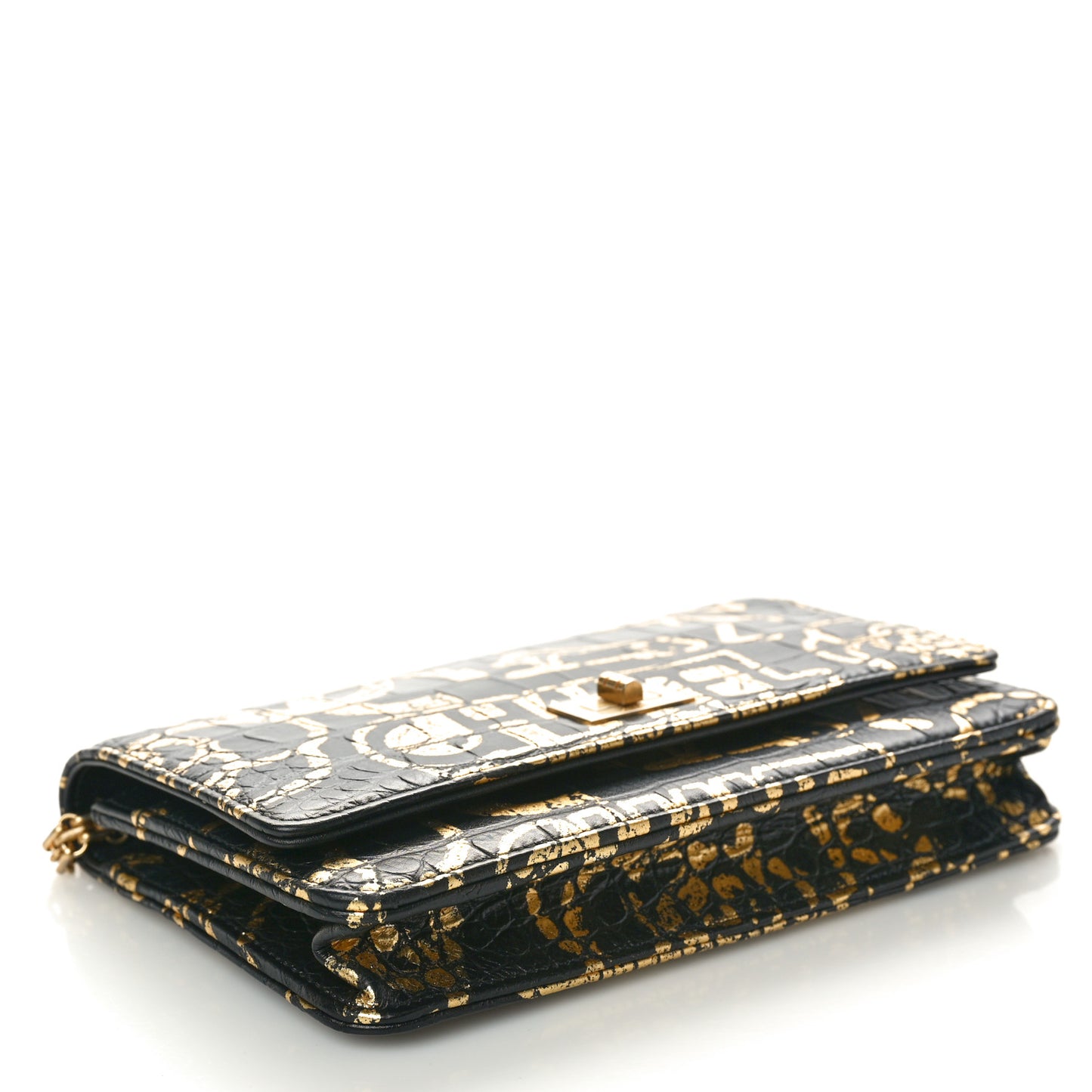 Calfskin Crocodile Embossed Graffiti 2.55 Cocodile Reissue Wallet On Chain WOC Black Gold