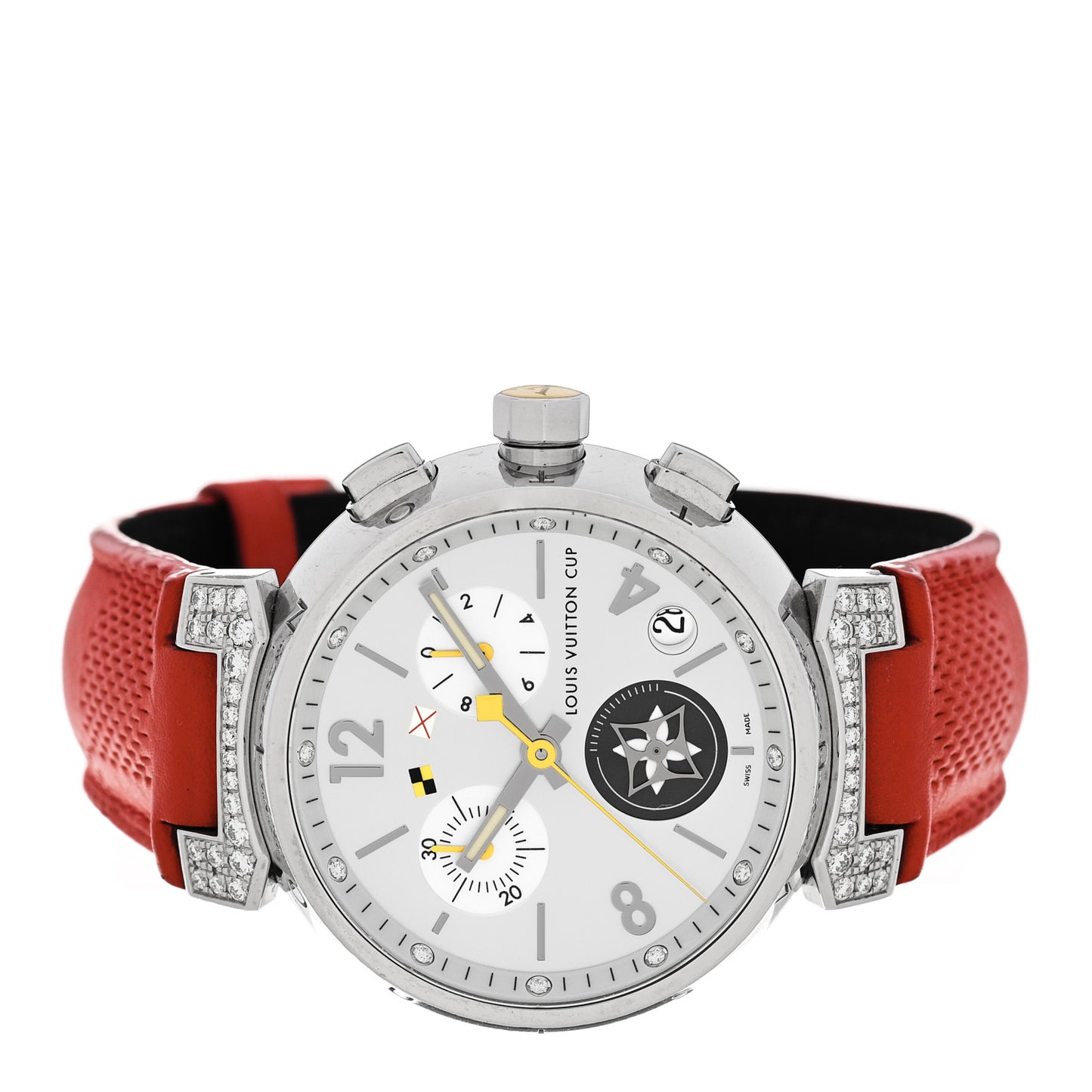 Stainless Steel Calfskin Diamond Mother of Pearl 39mm Tambour Lovely Cup Quartz Watch Red