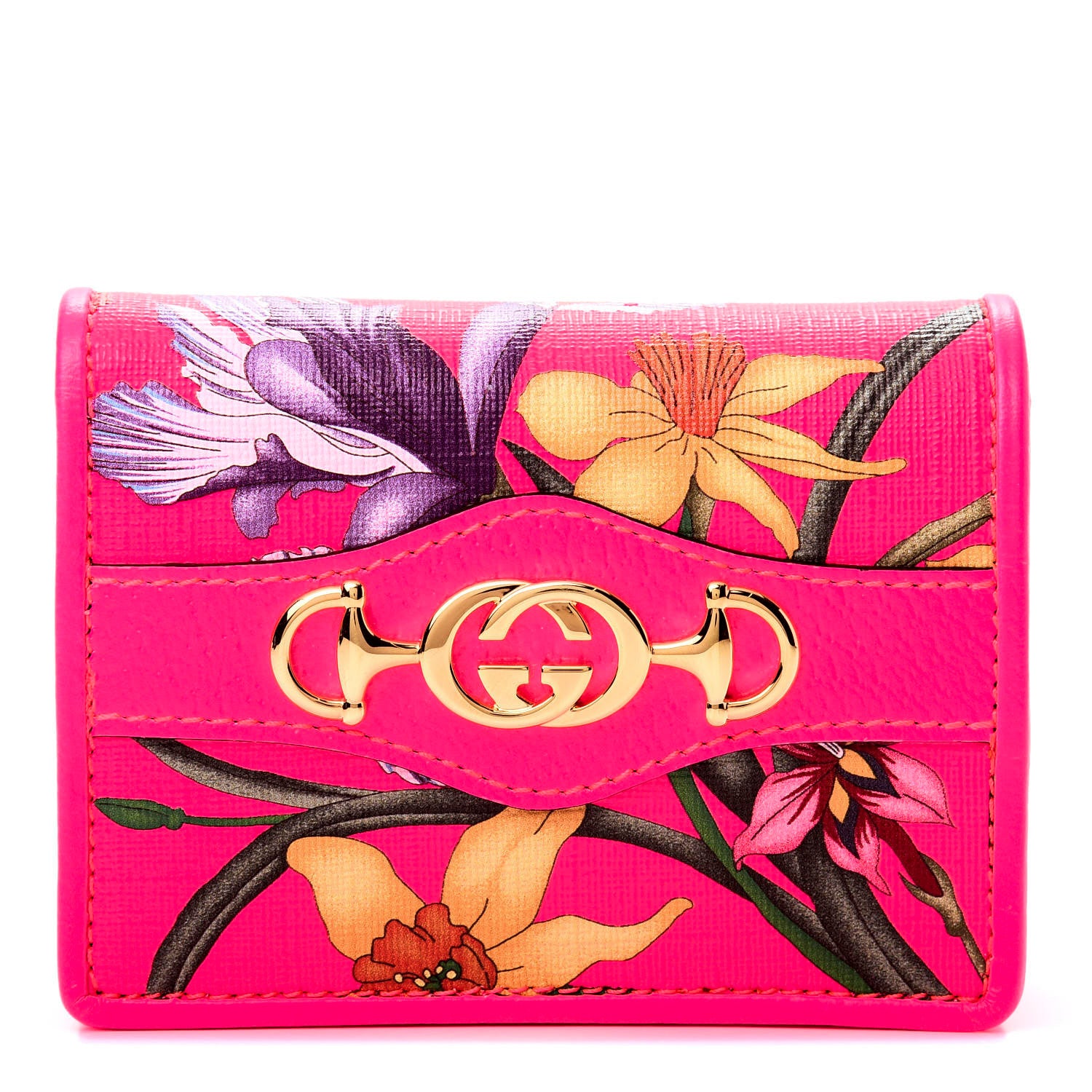 Gucci Calfskin Flora Print Zumi Card Case Fuxia Fluo 681746