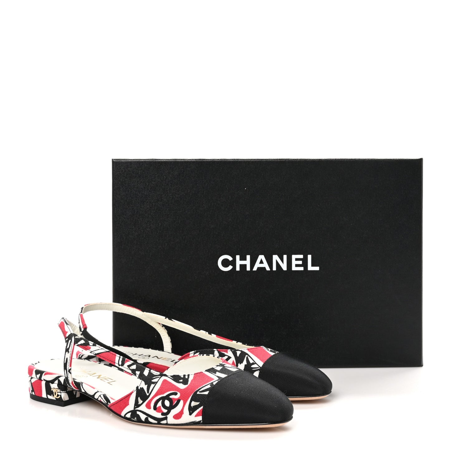 Printed Fabric Grosgrain Cap Toe CC Slingback Flats 37 Red Black White