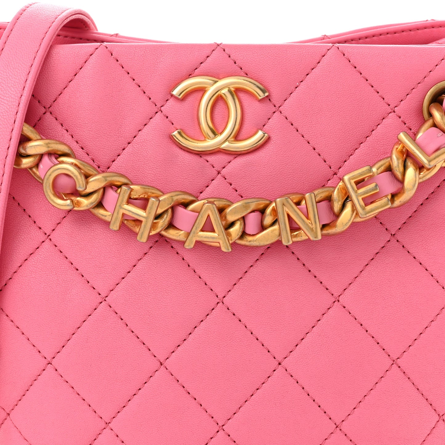 Lambskin Quilted Chaine Lettre Small Bucket Bag Pink