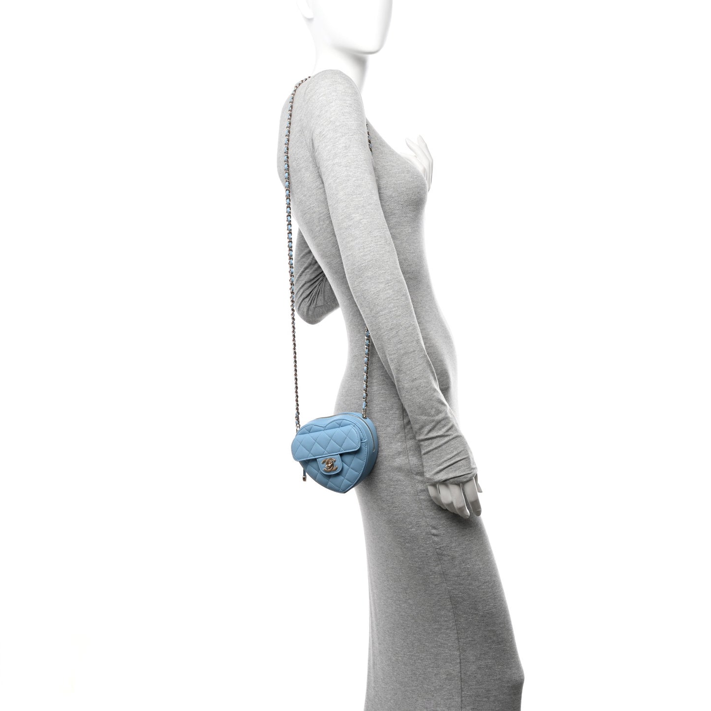Lambskin Quilted CC In Love Heart Clutch With Chain Light Blue