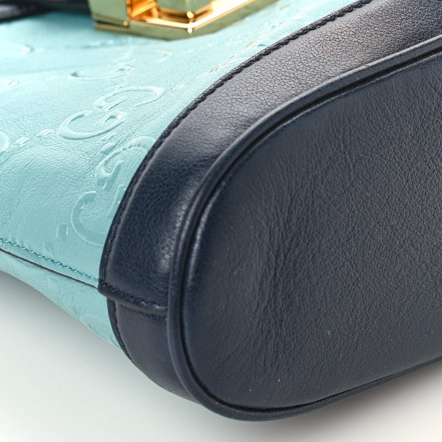 Wonka Grain Calfskin Bi-Color GG Debossed Small Padlock Shoulder Bag Dusty Azure Blue