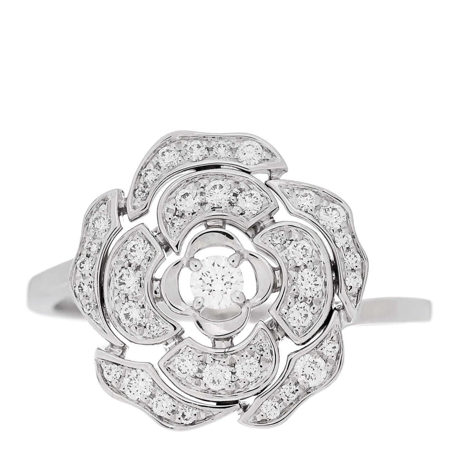 Chanel 18K White Gold Diamond Small Bouton de Camelia Ring 54 7 1 of 5
