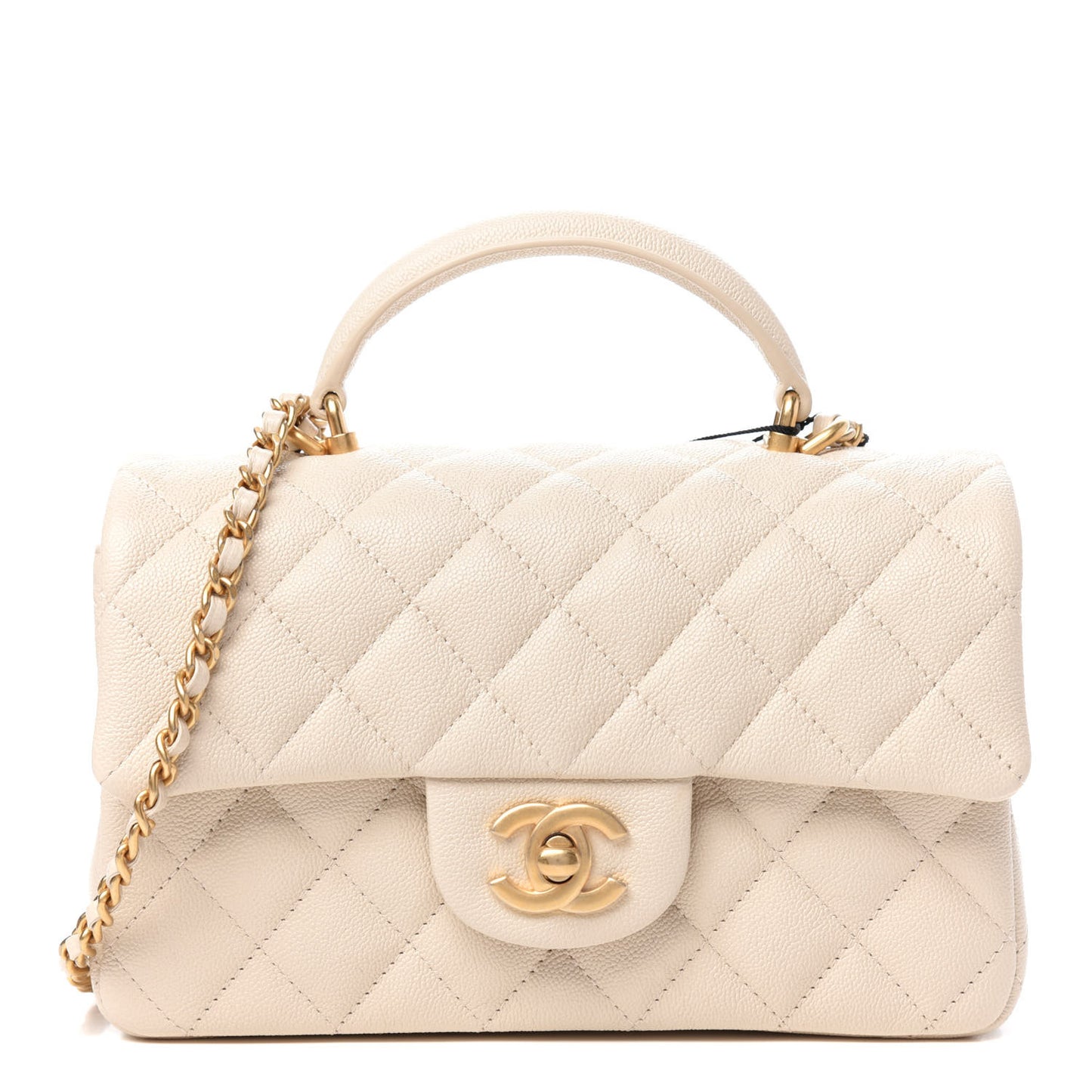 Caviar Quilted Mini Top Handle Rectangular Flap Beige
