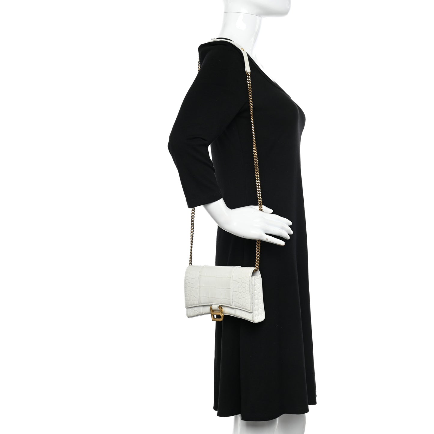 Shiny Calfskin Crocodile Embossed Hourglass Chain Bag White