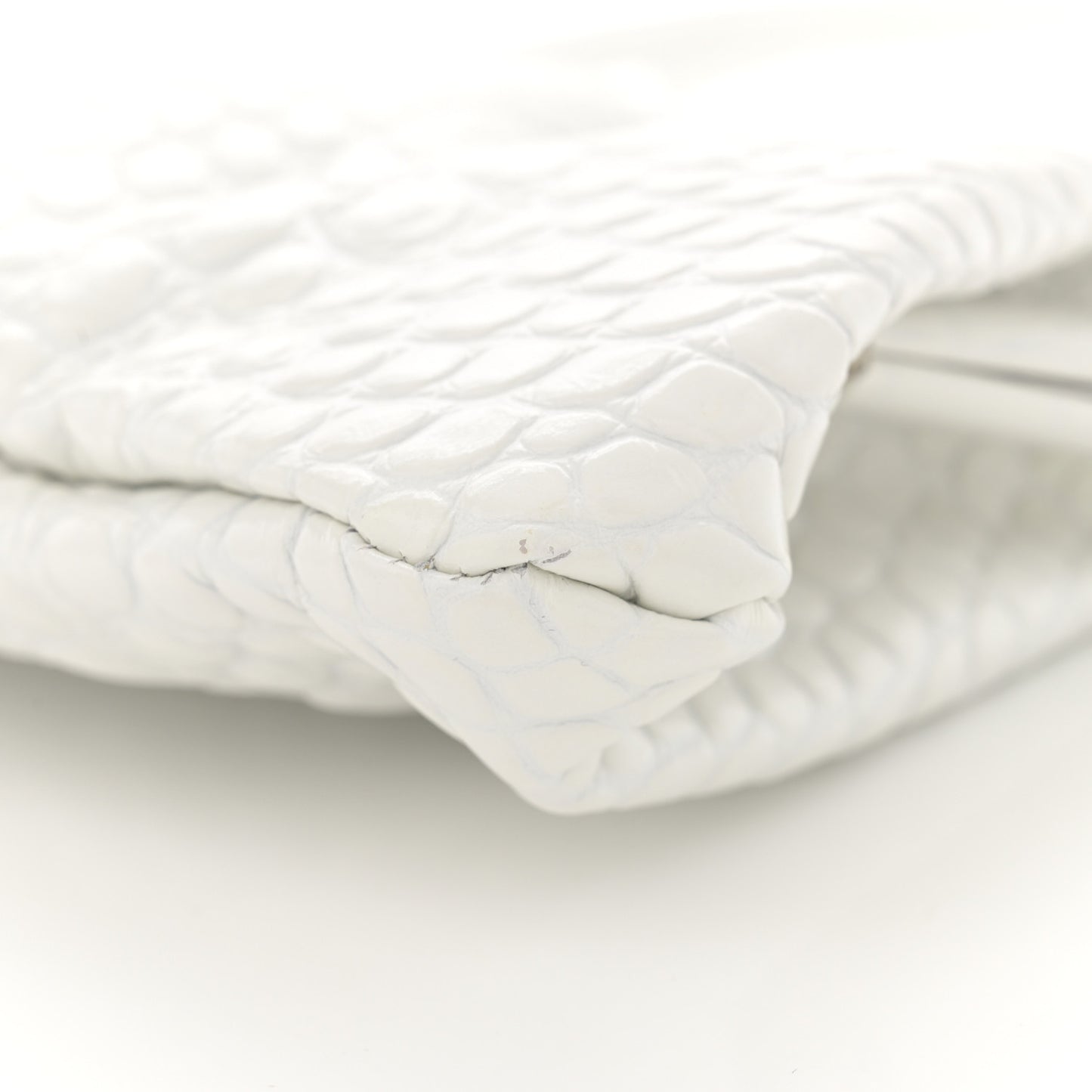 Shiny Supple Calfskin Logo Crocodile Embossed XL Cloud Clutch White