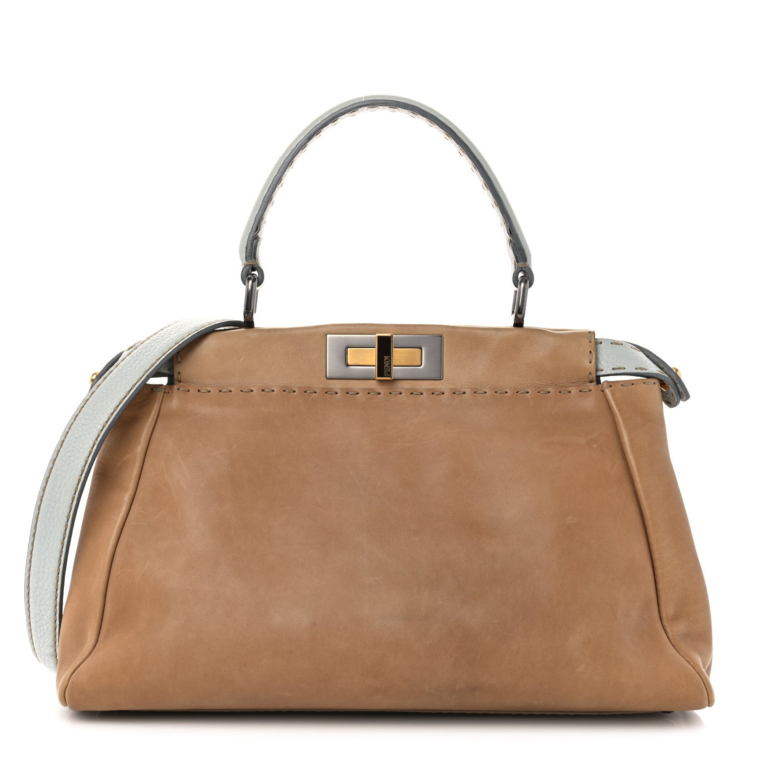 Fendi Vitello Saddle Cuoio Romano Selleria Medium Peekaboo Iconic Satchel Fango Acqua 1 of 16