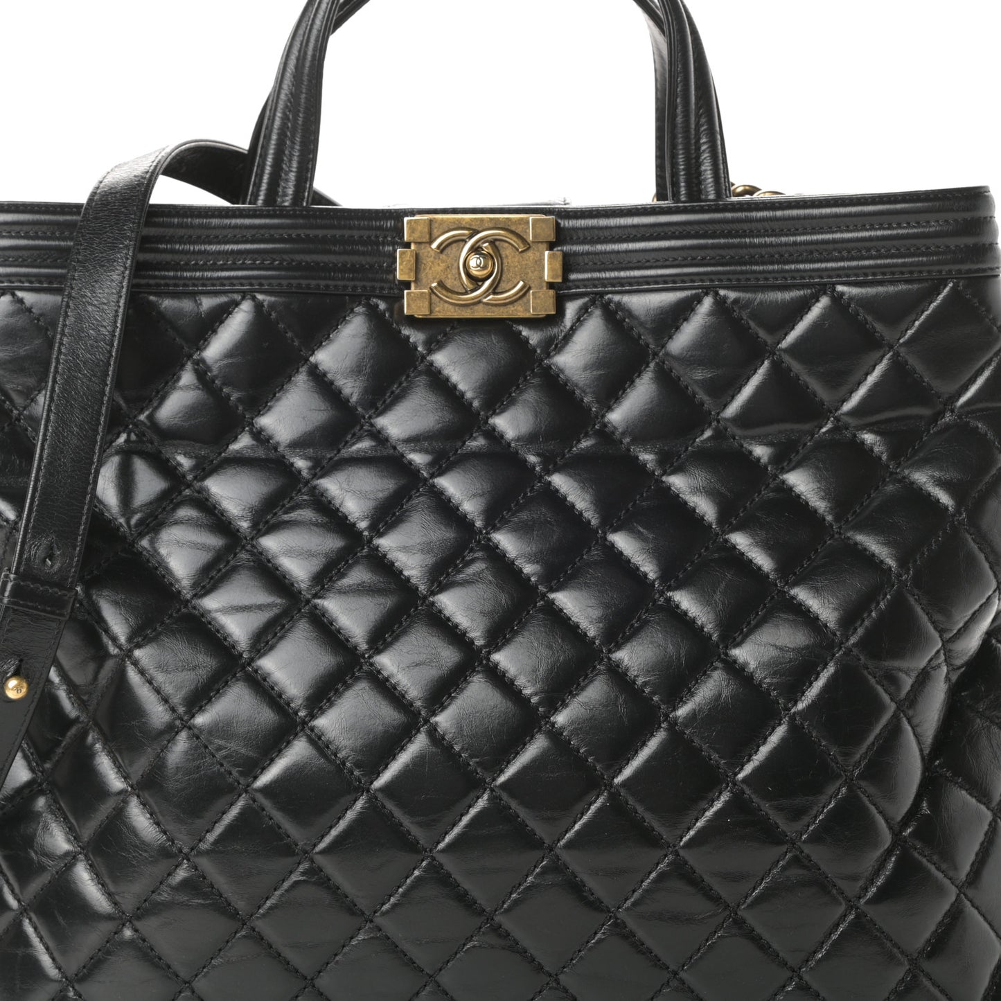 Glazed Calfskin Quilted Large Boy Tote Black