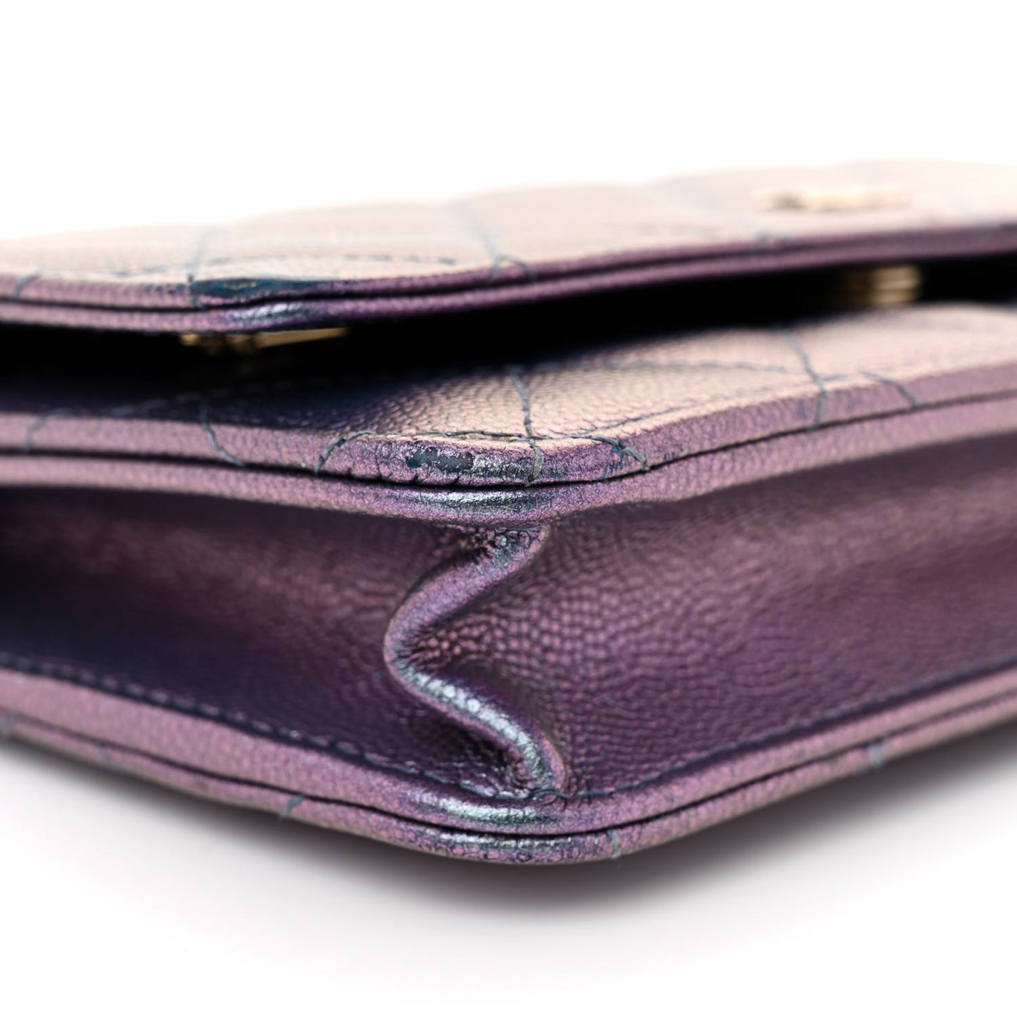 Iridescent Caviar Quilted Wallet on Chain WOC Dark Blue