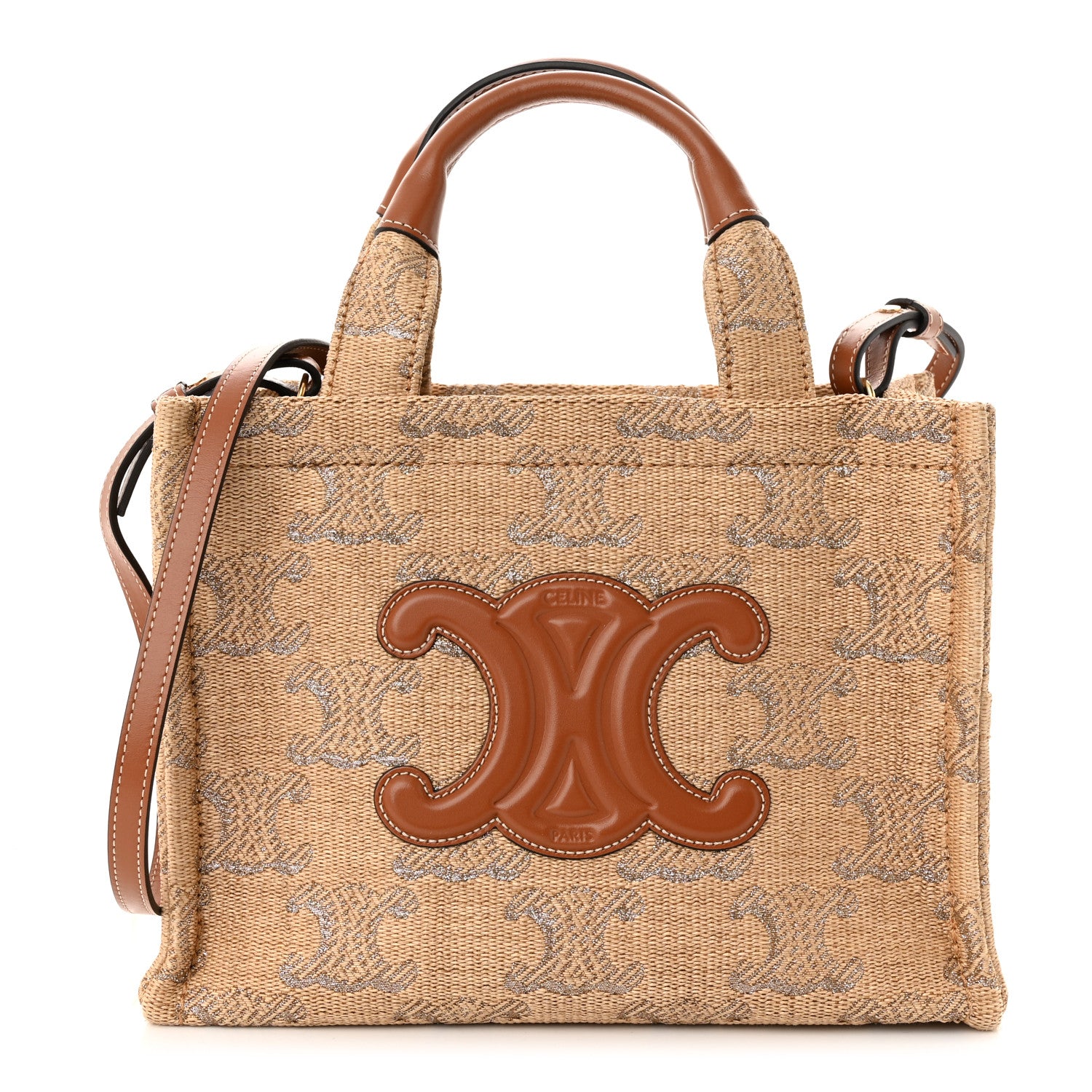 Celine Raffia Effect Calfskin Triomphe Jacquard Small Cabas Thais