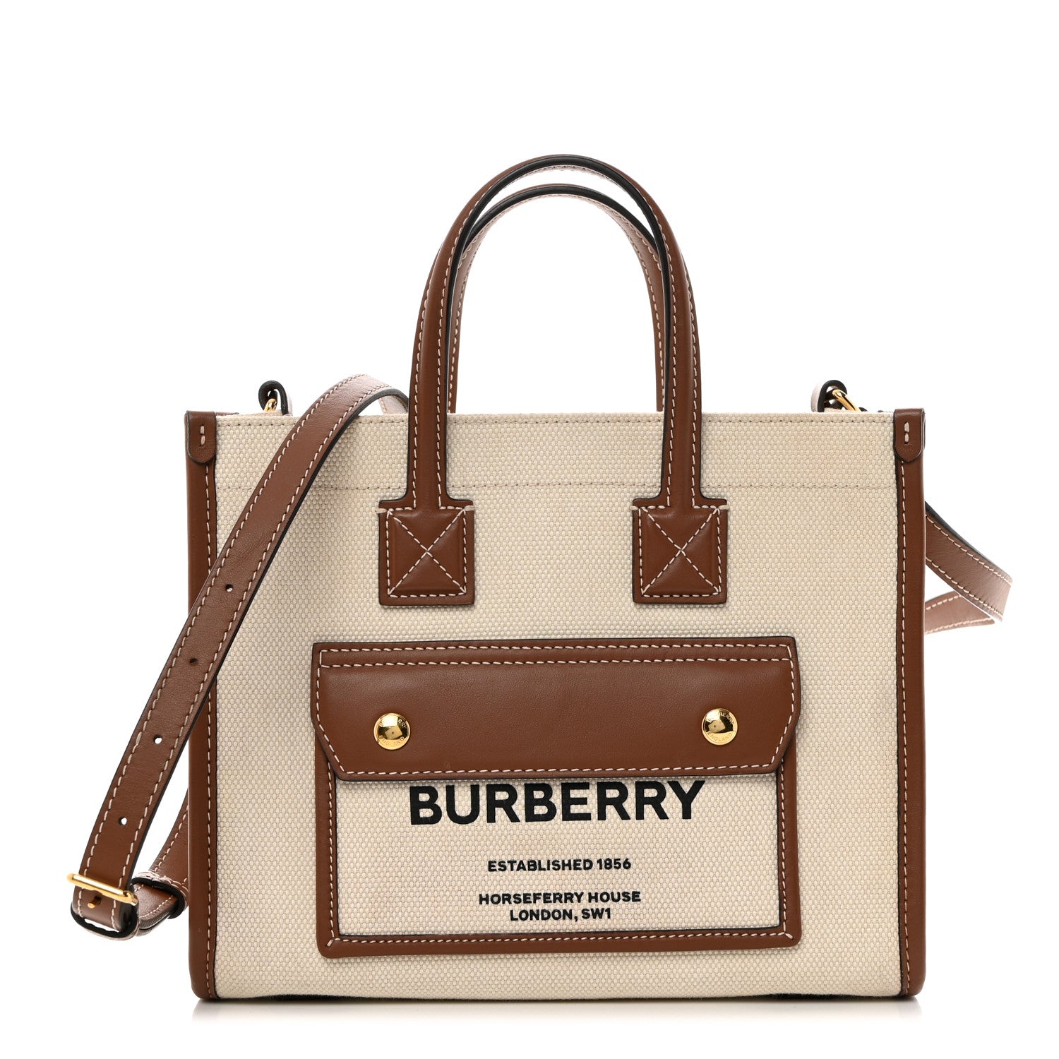 Burberry Smooth Calfskin Canvas Horseferry Print Mini Towner Bag Natural Tan 1 of 11