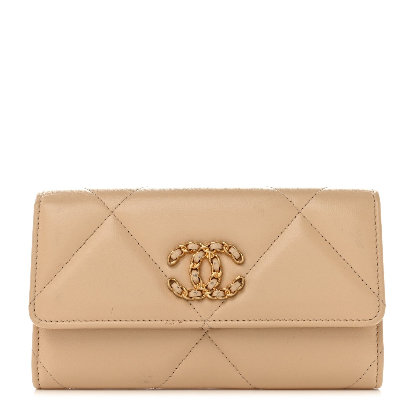 Shiny Goatskin Quilted Chanel 19 Flap Wallet Beige