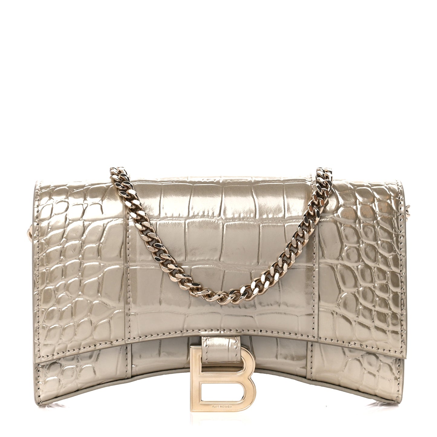 Shiny Calfskin Crocodile Embossed Hourglass Chain Bag Light Gold