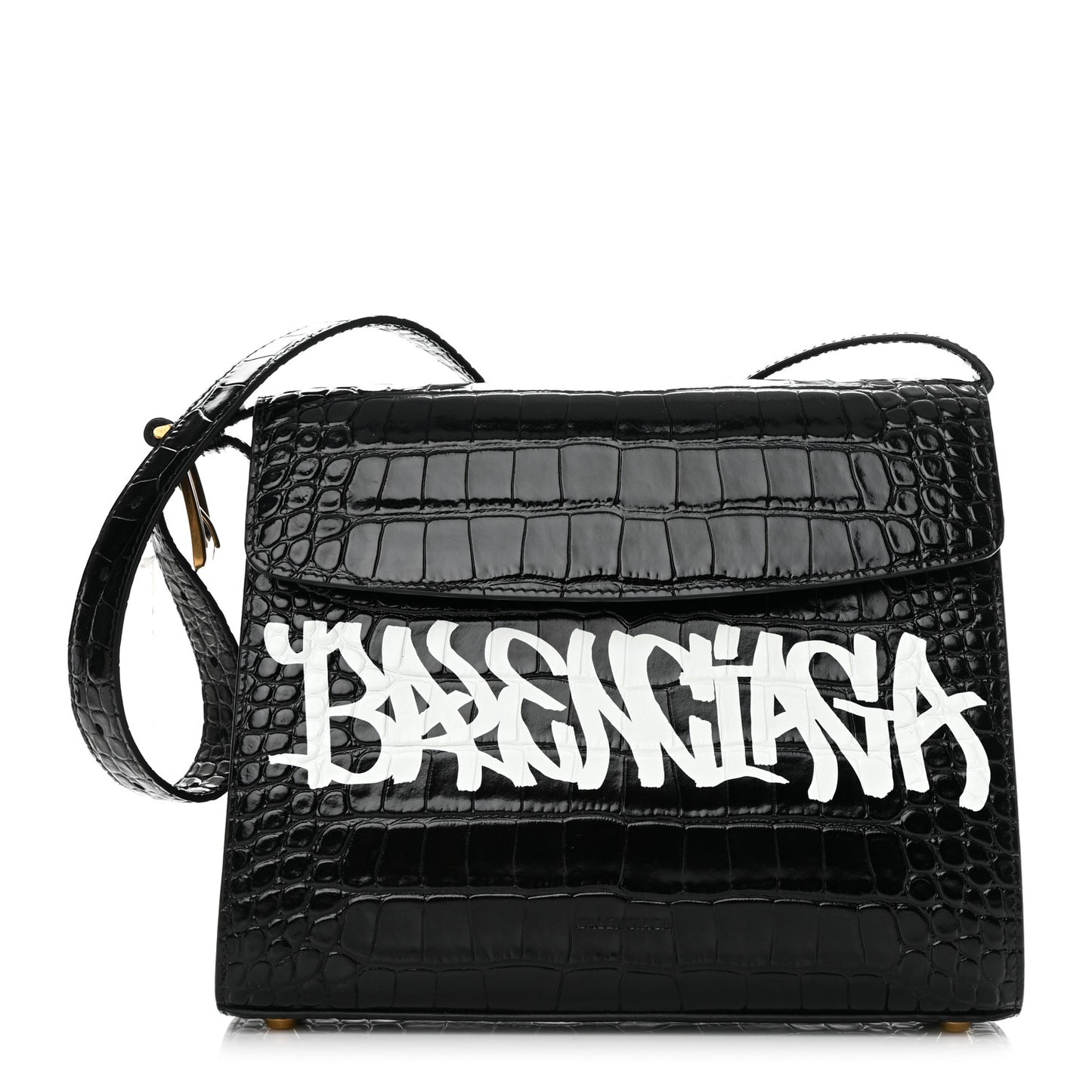 Shiny Calfskin Graffiti Logo Crocodile Embossed Medium Ghost Shoulder Bag Black White