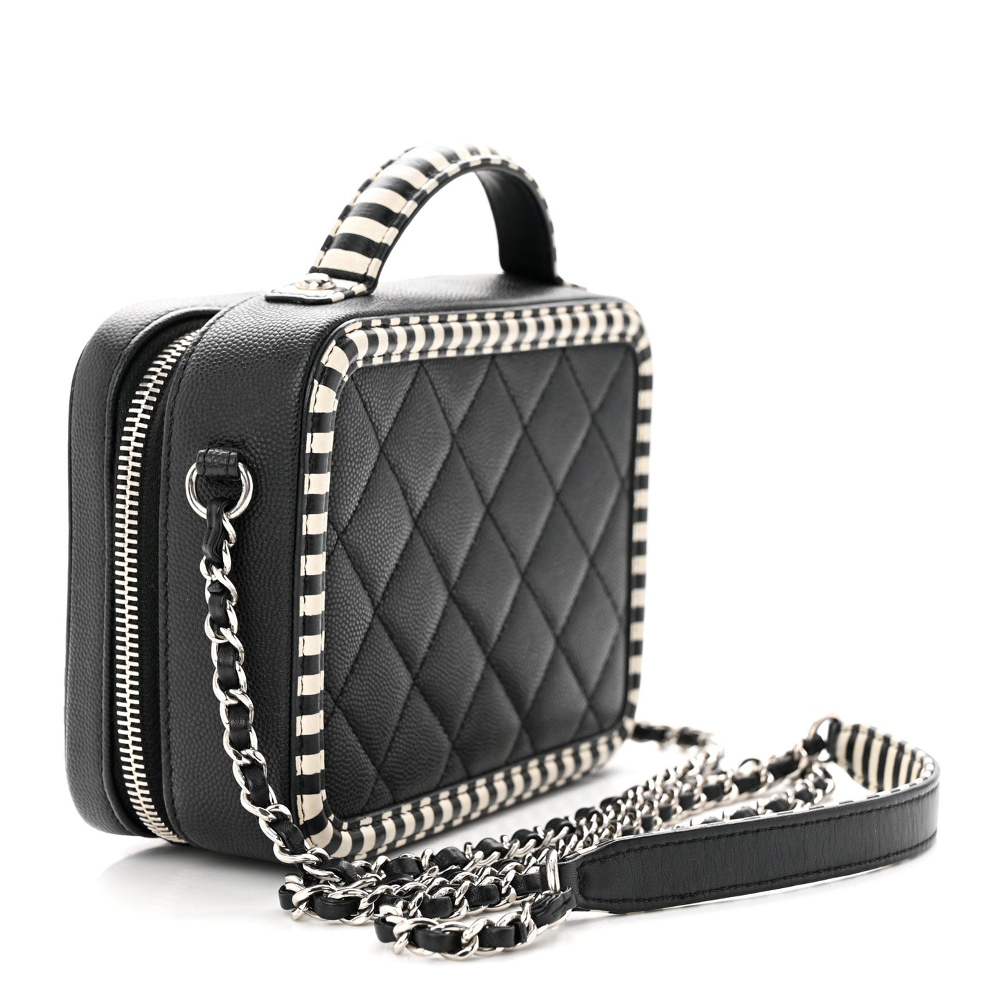 Caviar Quilted Striped Small CC Filigree Vanity Case Black White
