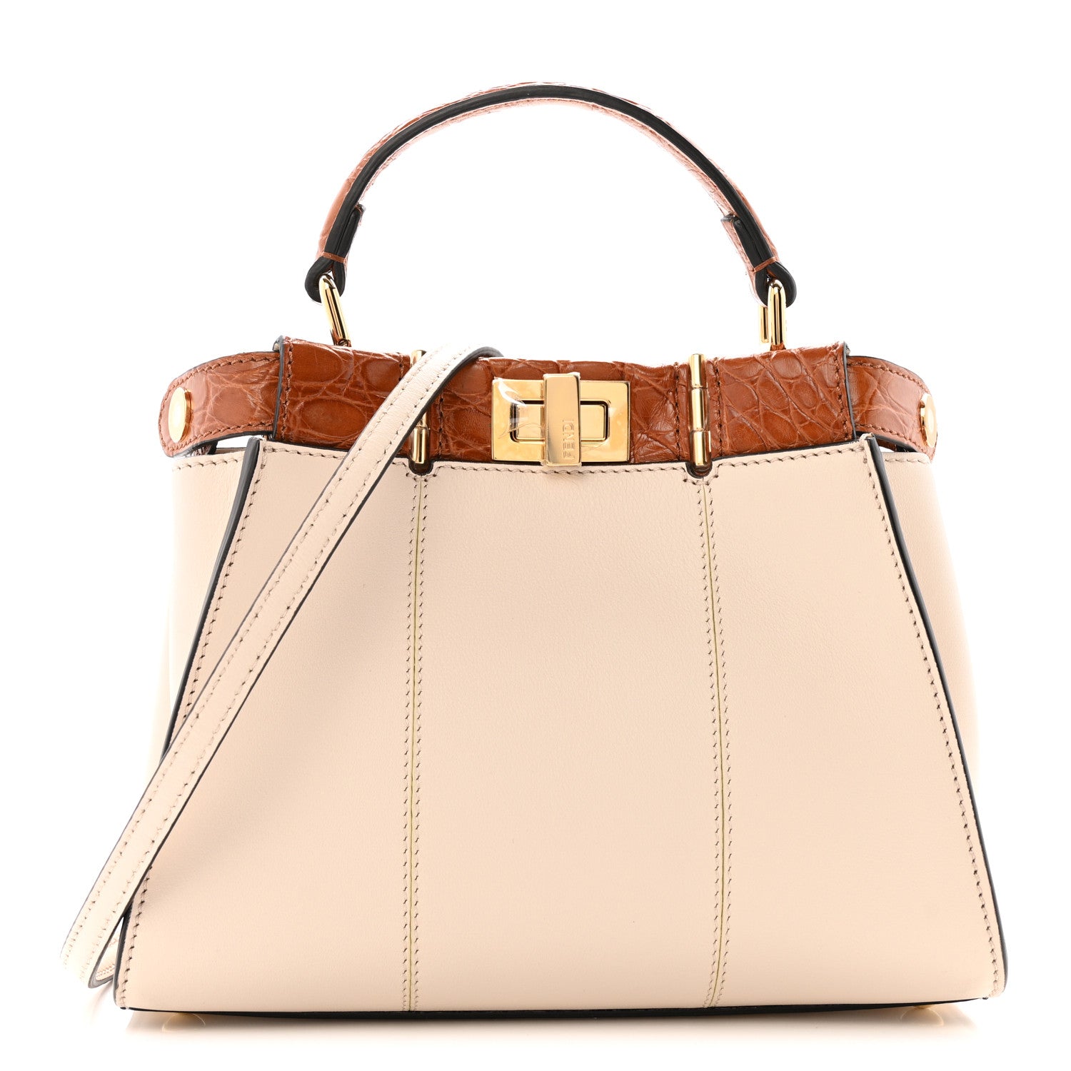 Fendi Calfskin Crocodile Mini Peekaboo Iconic Satchel Camelia