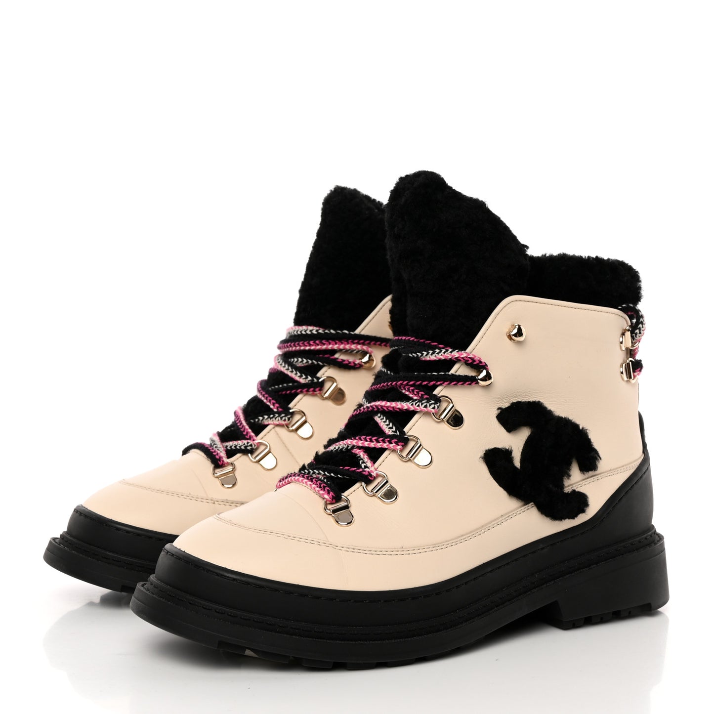 Calfskin Shearling CC Lace Up Boots 39 Black White