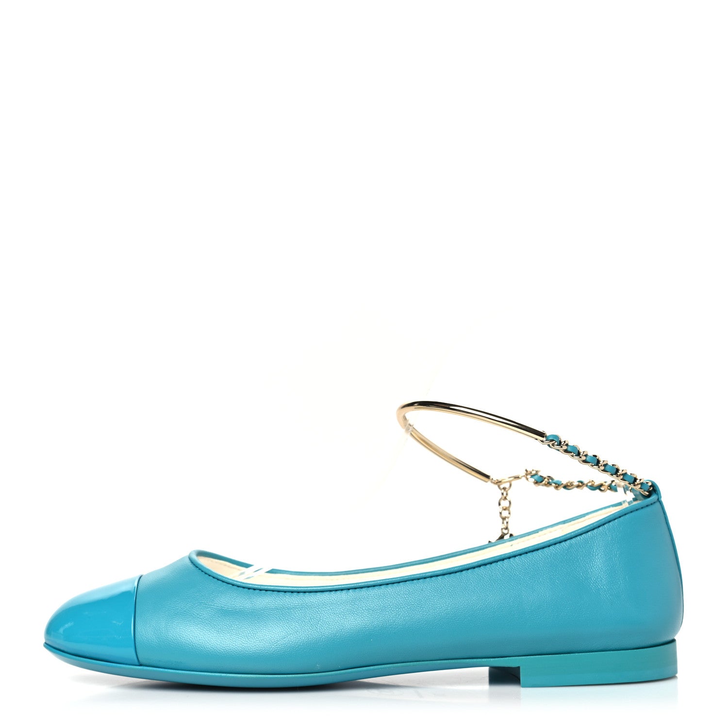 Chanel Lambskin Patent Calfskin Cap Toe Ankle Chain Ballerina Flats 37 Turquoise 1 of 10