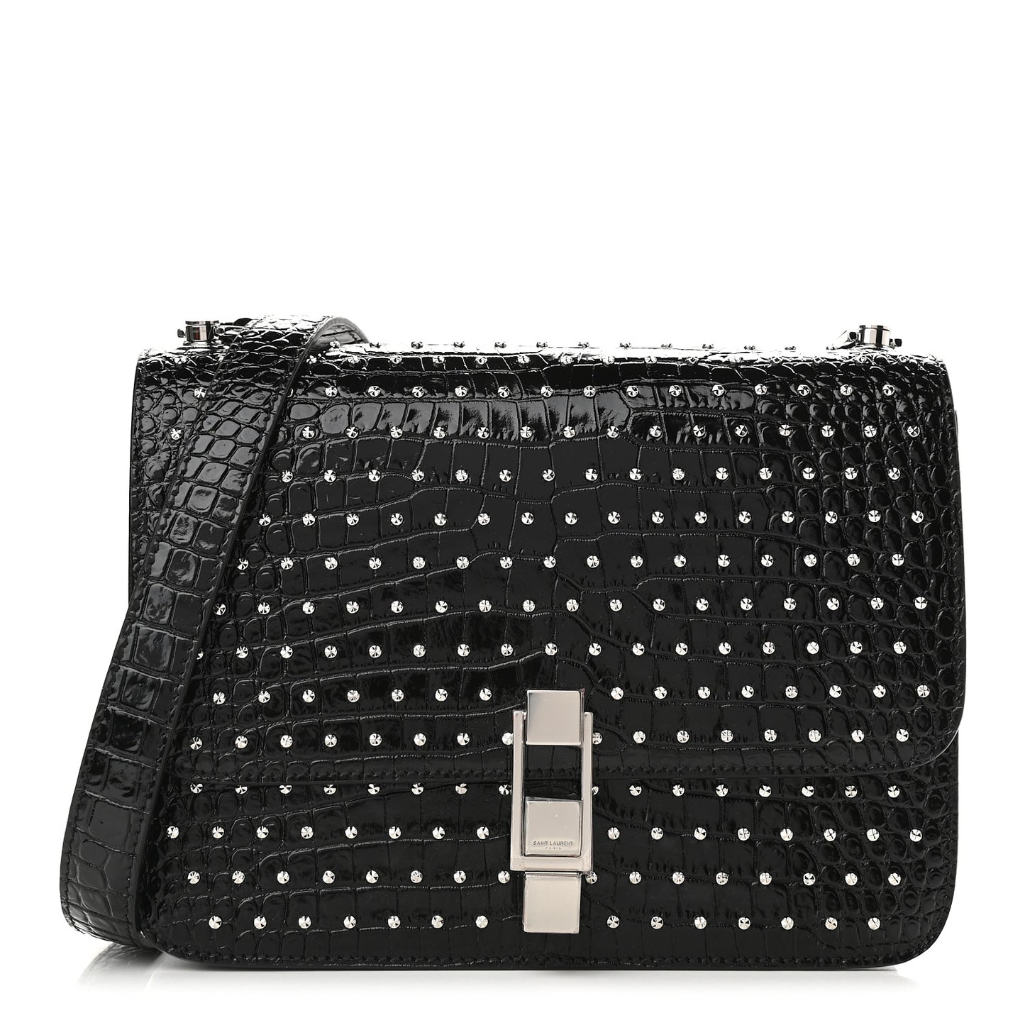 Crocodile Embossed Calfskin Crystal Embellished Carre Satchel Black