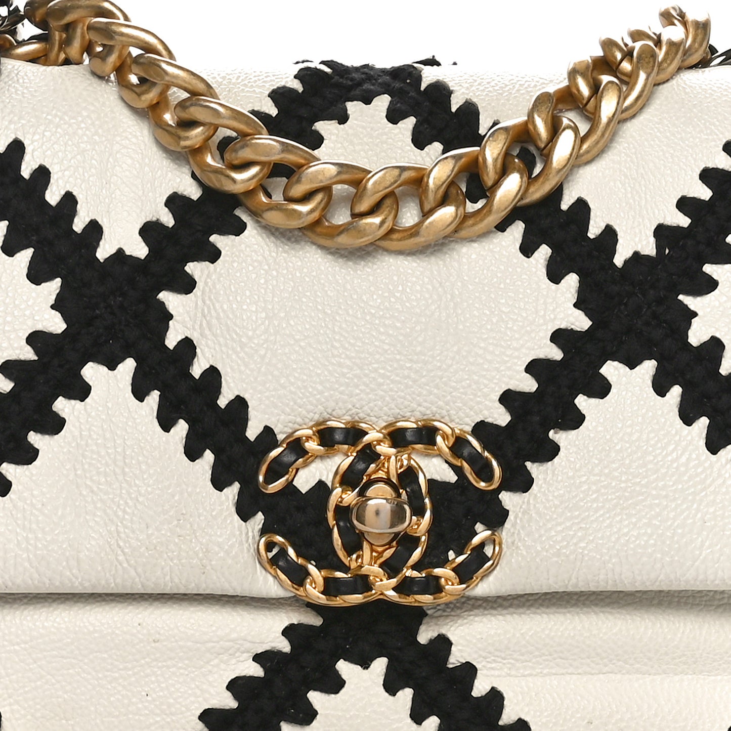 Calfskin Crochet Medium Chanel 19 Flap White Black