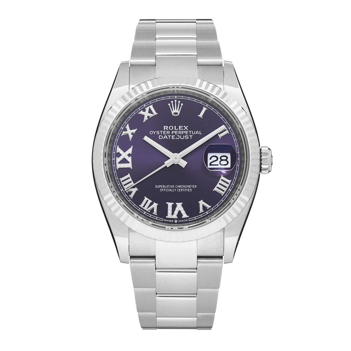 Stainless Steel 18K White Gold Diamond 36mm Oyster Perpetual Datejust Watch Aubergine Roman 126234
