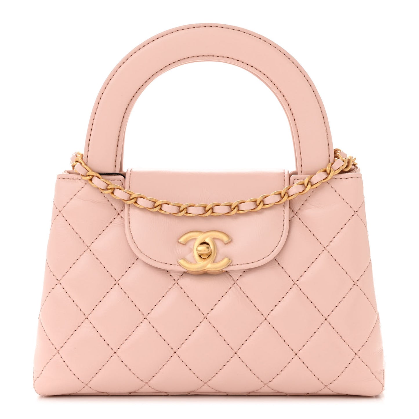 Shiny Aged Calfskin Quilted Nano Kelly Shopper Light Pink