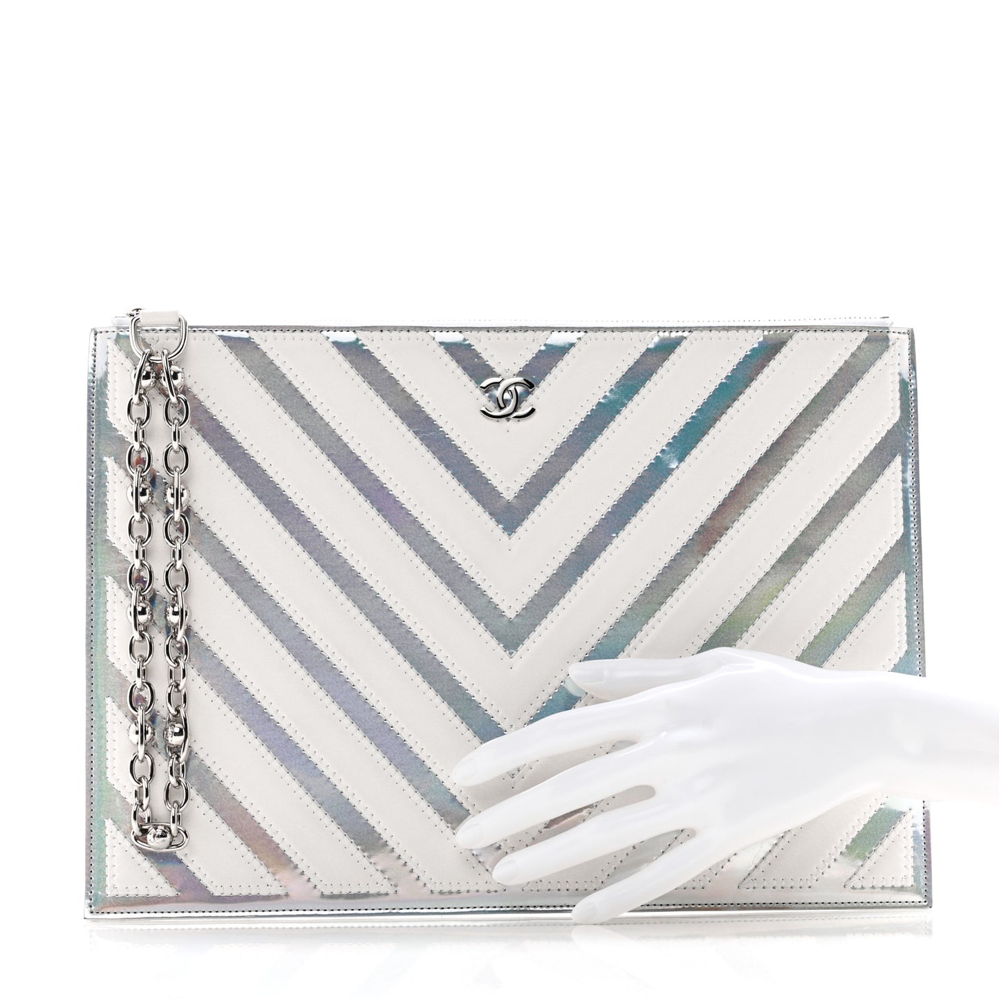 Lambskin Metallic Chevron Zip Pouch White Silver