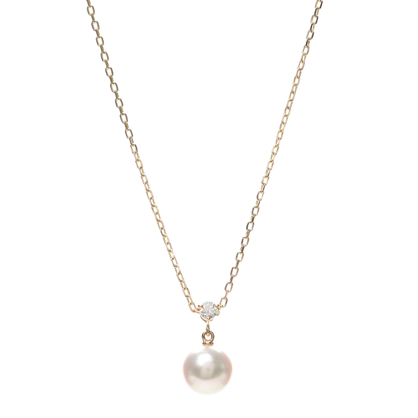 18K Yellow Gold Diamond Akoya Pearl 8mm Drop Pendant Necklace