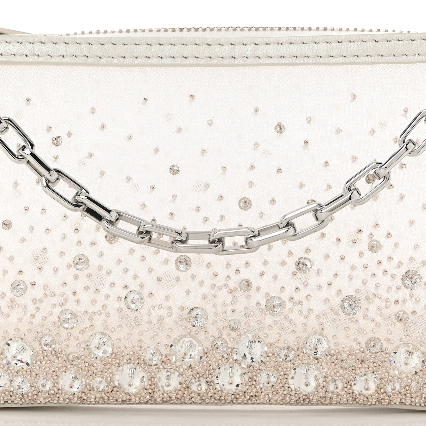 Mesh Fabric Crystal Embellished Mini Loubila Chain Clutch Bianco Silver