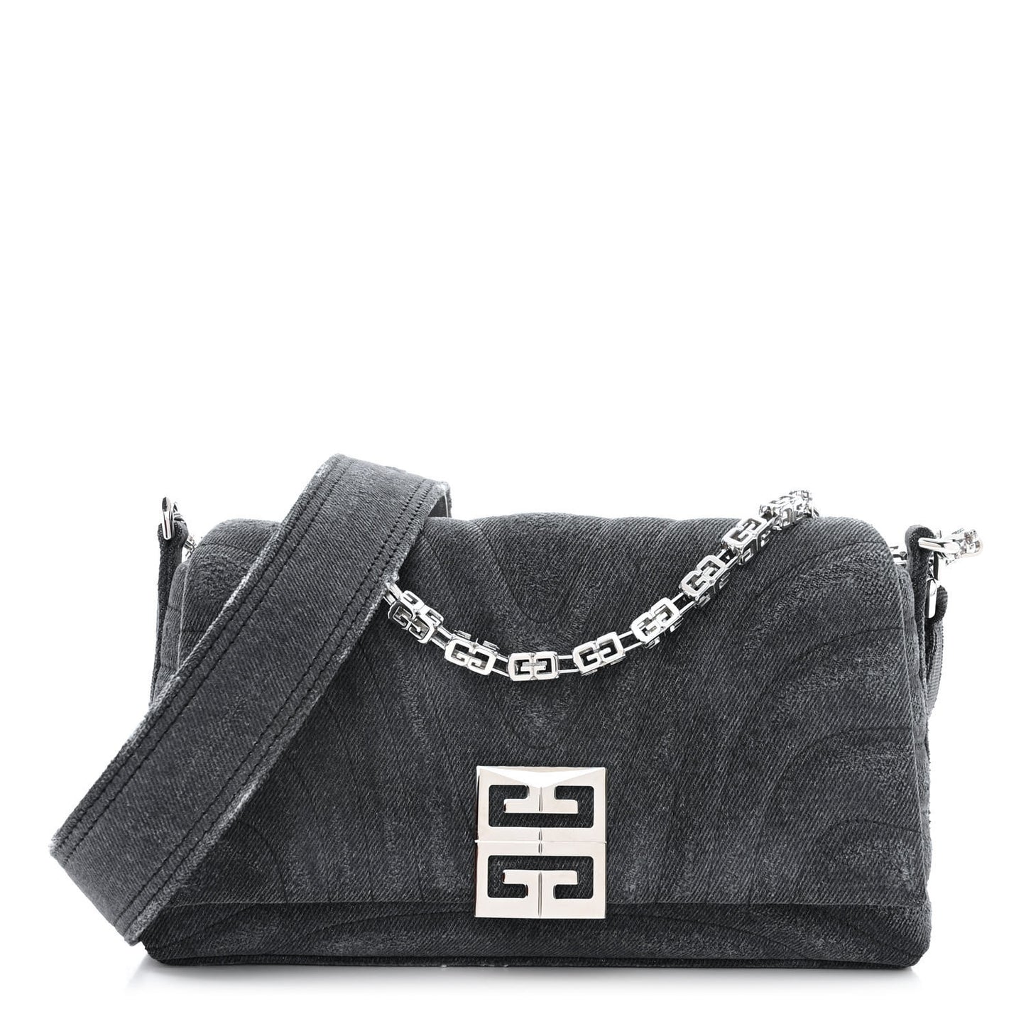 Distressed Denim Quilted Small 4G Shoulder Bag Black
