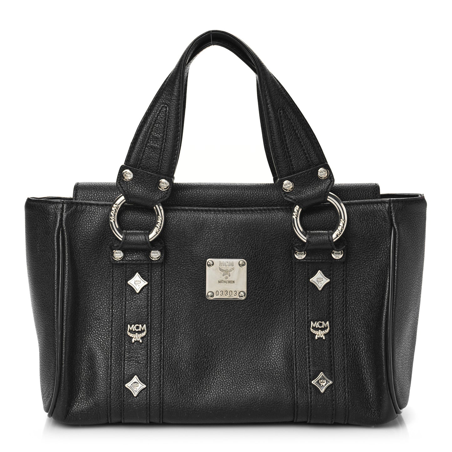 Grained Calfskin Studded Boston Bag Black