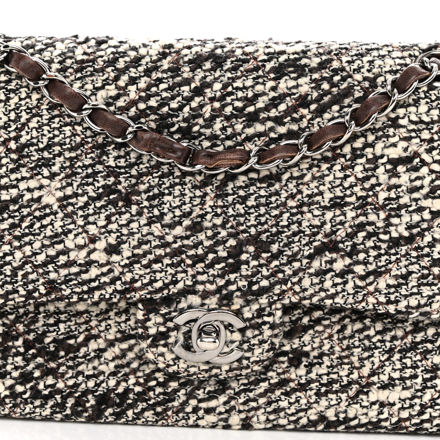 Tweed Quilted Medium Double Flap White Brown
