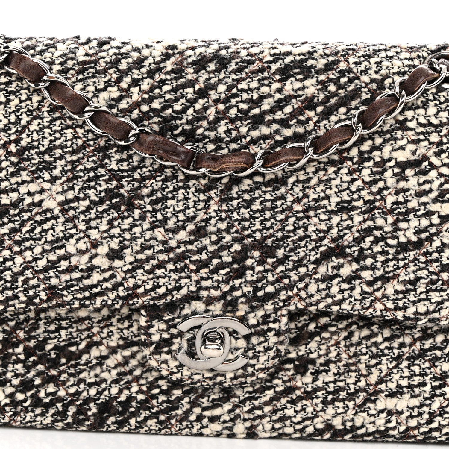 Chanel Tweed Quilted Medium Double Flap White Brown 8 of 12