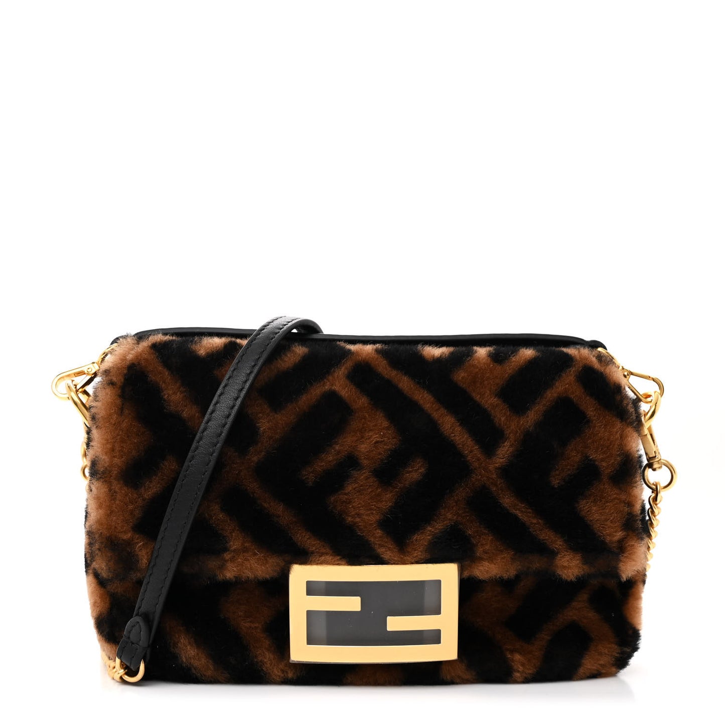 Shearling Vitello Dolce Macro FF 1974 Mini Baguette Tobacco Black