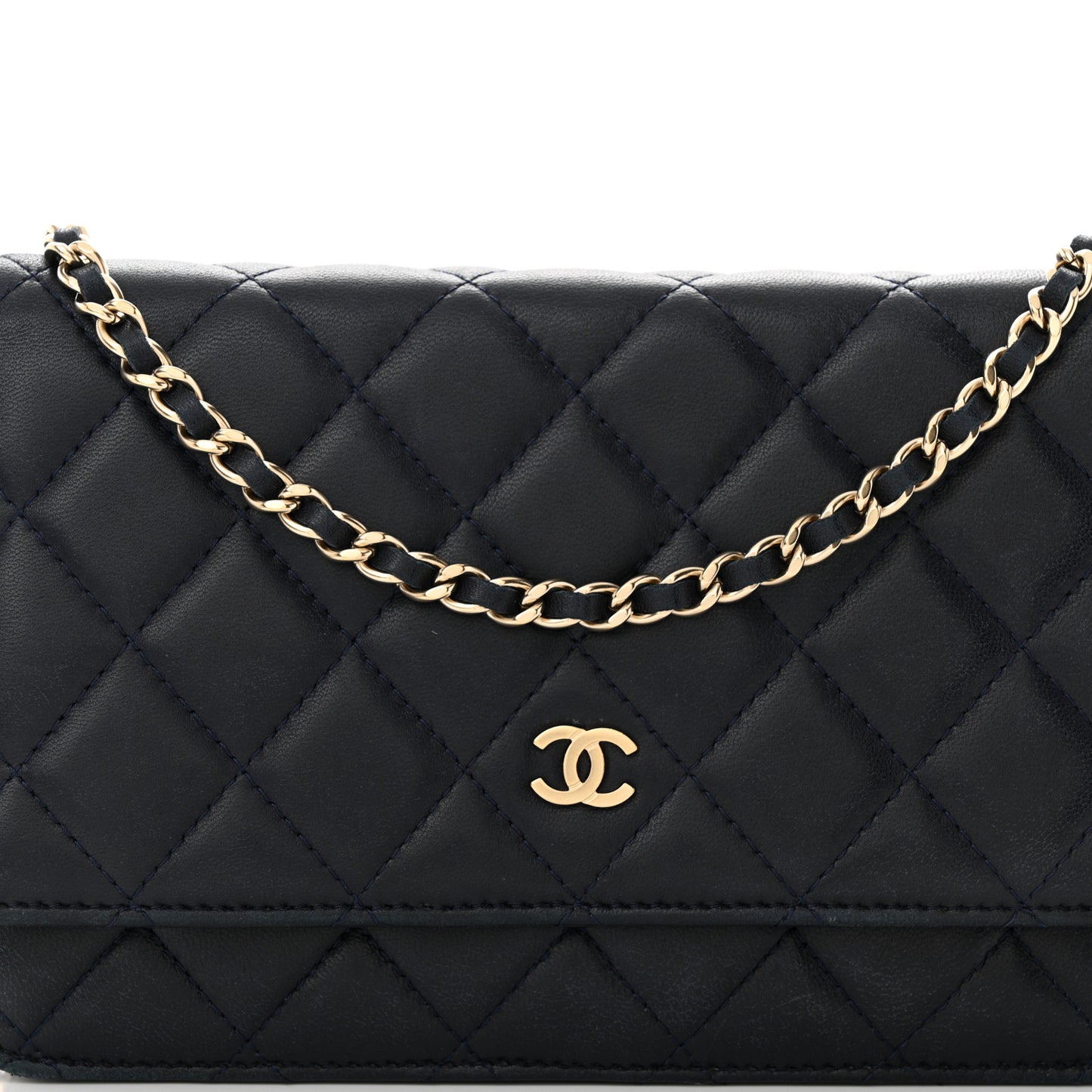 Lambskin Quilted Wallet On Chain WOC Navy Blue