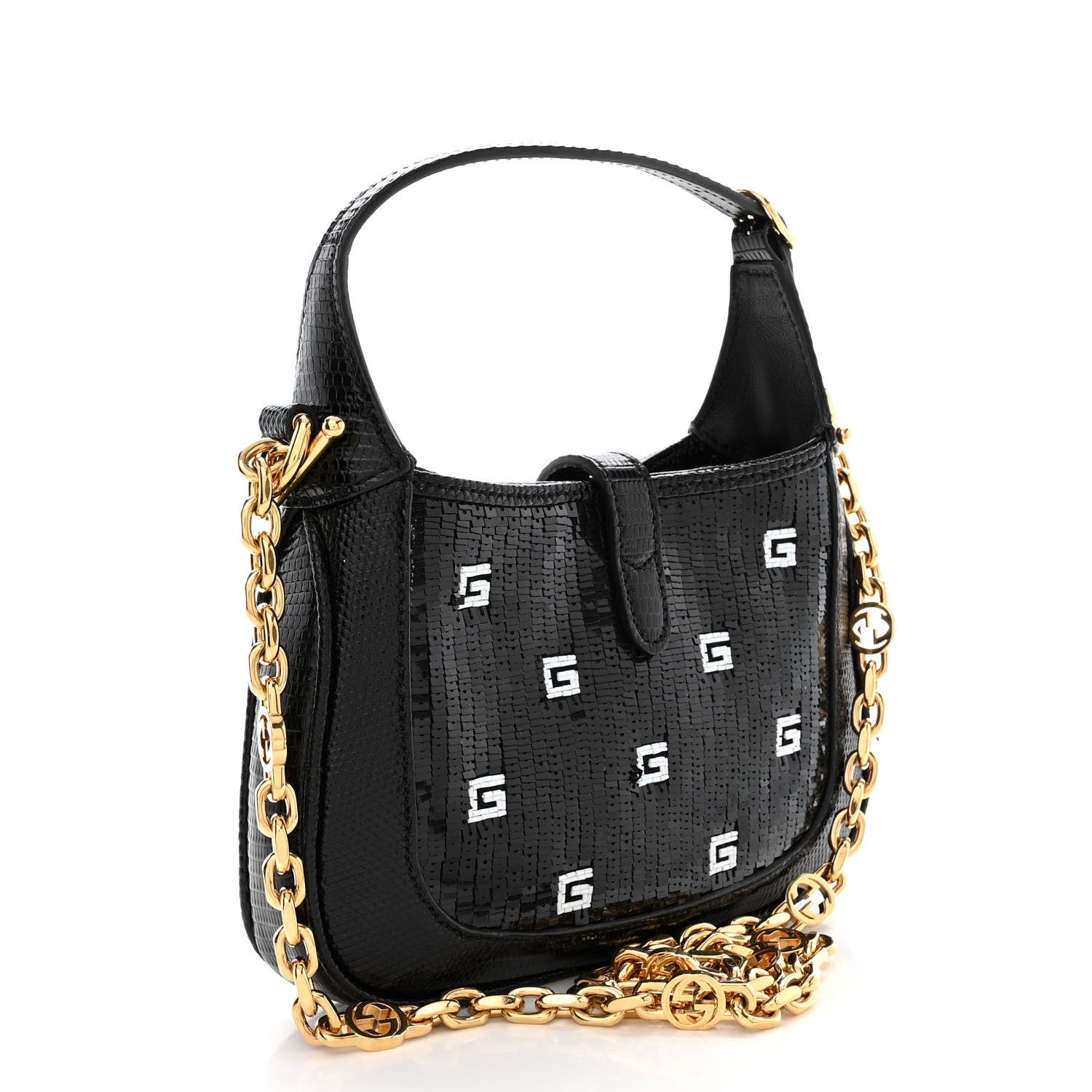 Gucci Lizard Sequin GG Monogram Mini Jackie 1961 Hobo Black White 3 of 12
