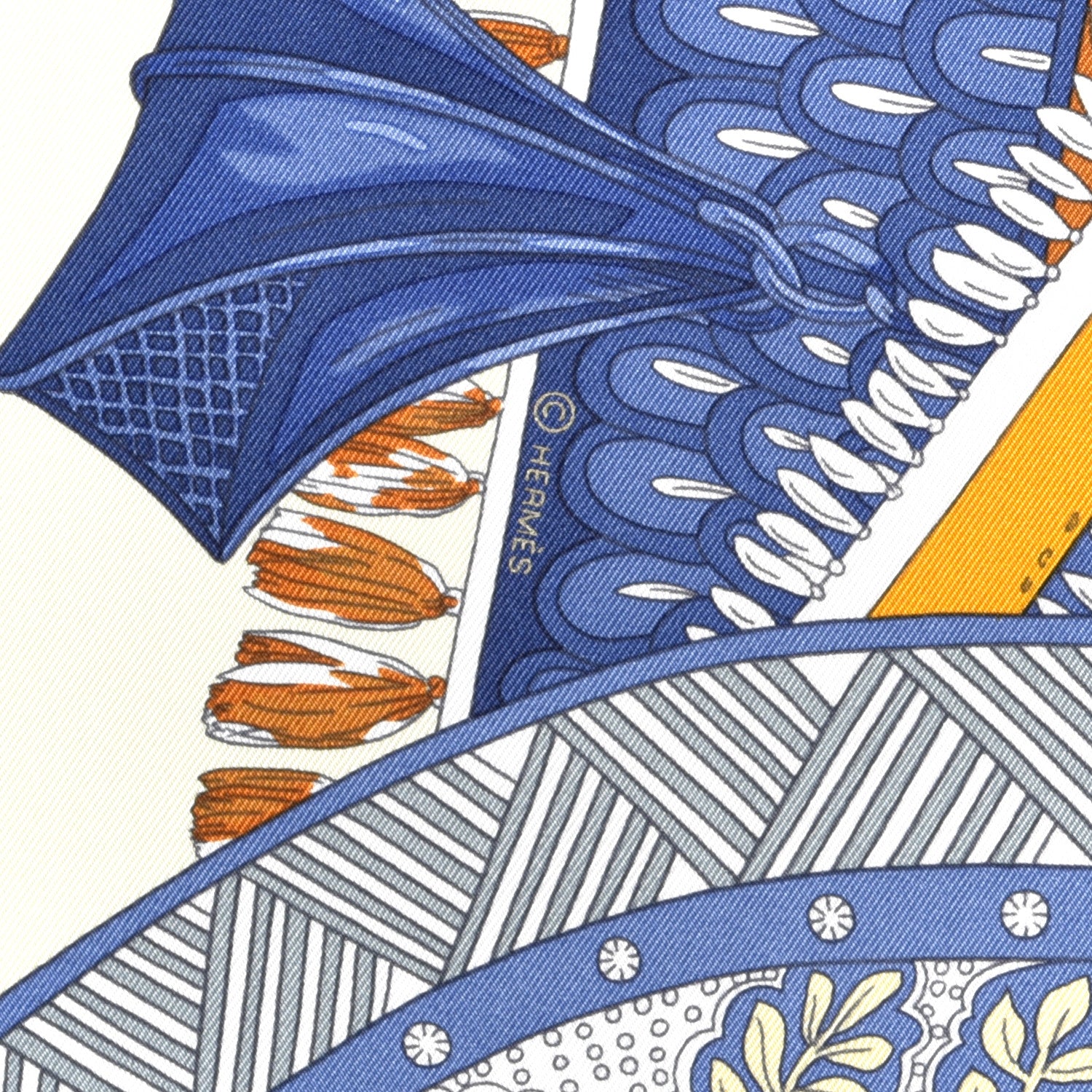 Hermes Silk Tapis De Selle Scarf 90 Vanille Bleu Royal Gold 4 of 4