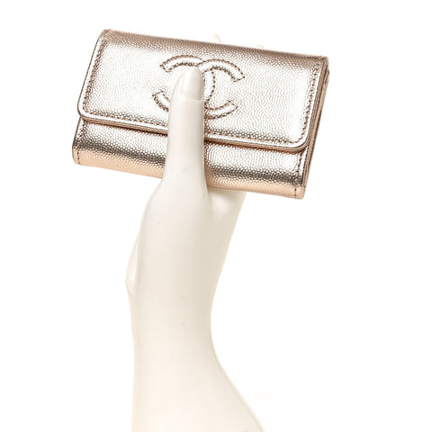 Metallic Caviar Quilted CC Flap Card Holder Copper