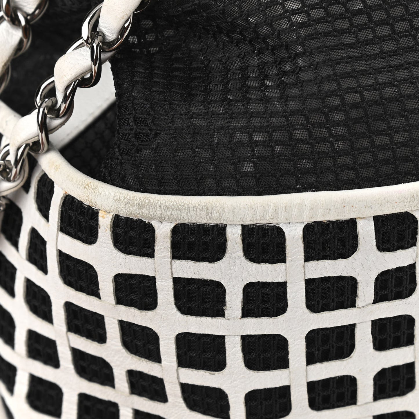 Calfskin Mesh Chain Bucket Bag Black White