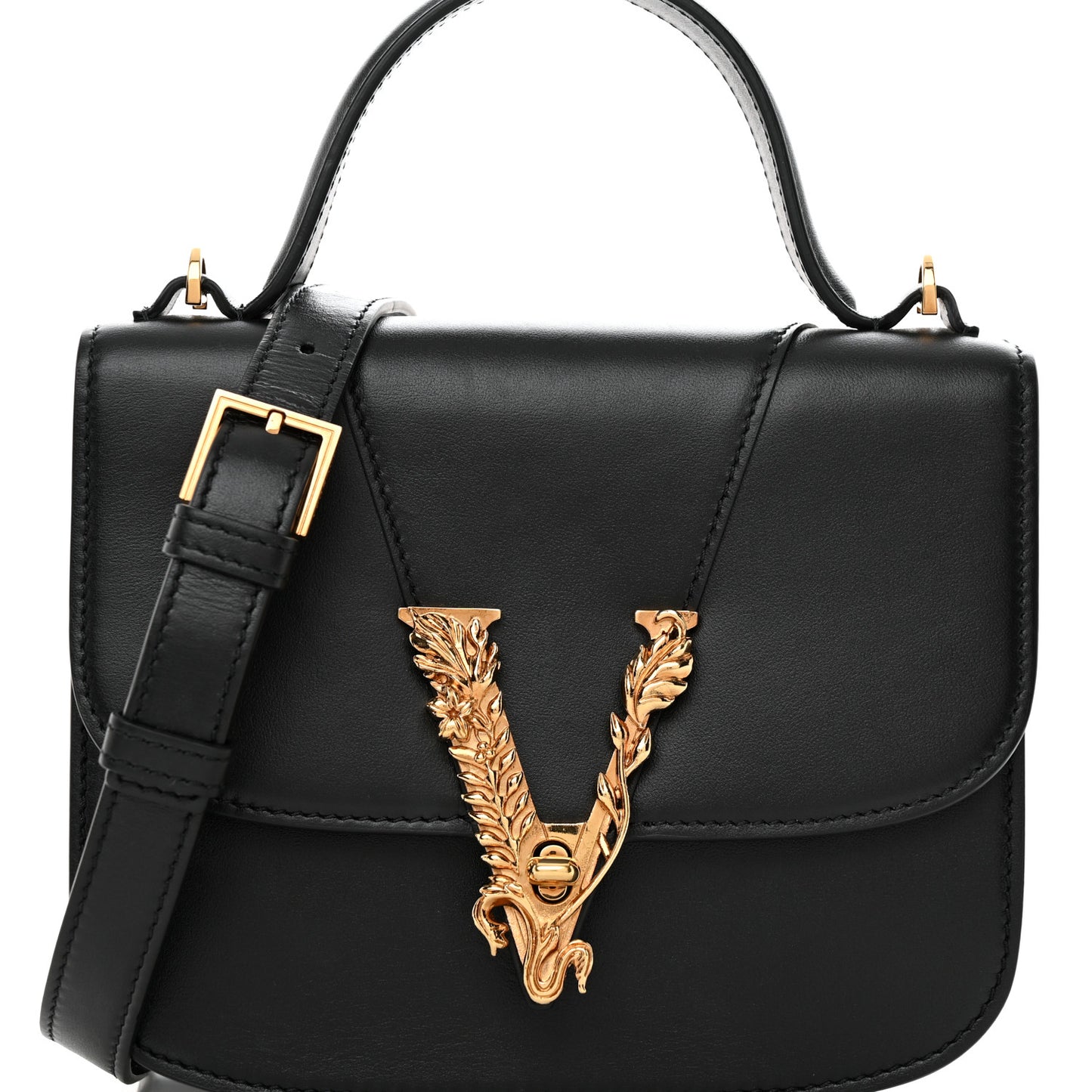 Vitello Barocco Virtus Small Top Handle Shoulder Bag Black