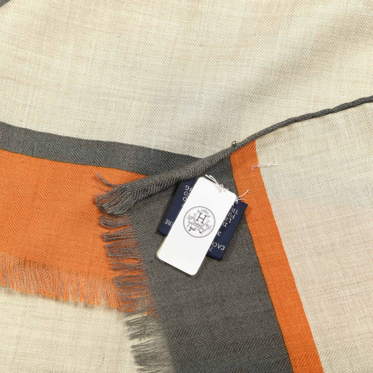Hermes Cashmere Silk H Passant Stole 140 Orange Naturel Vert De Gris 4 of 5