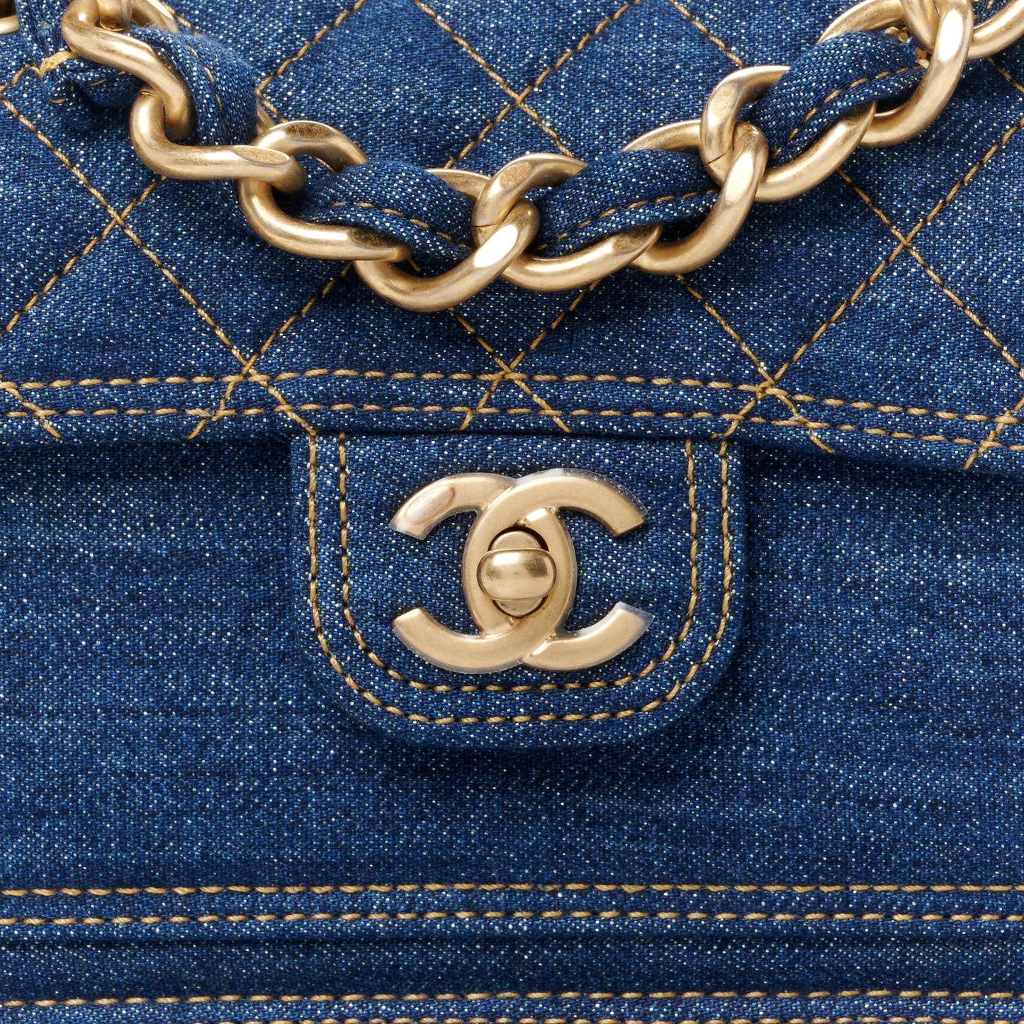 Denim Quilted Double You Mini Flap Blue Golden