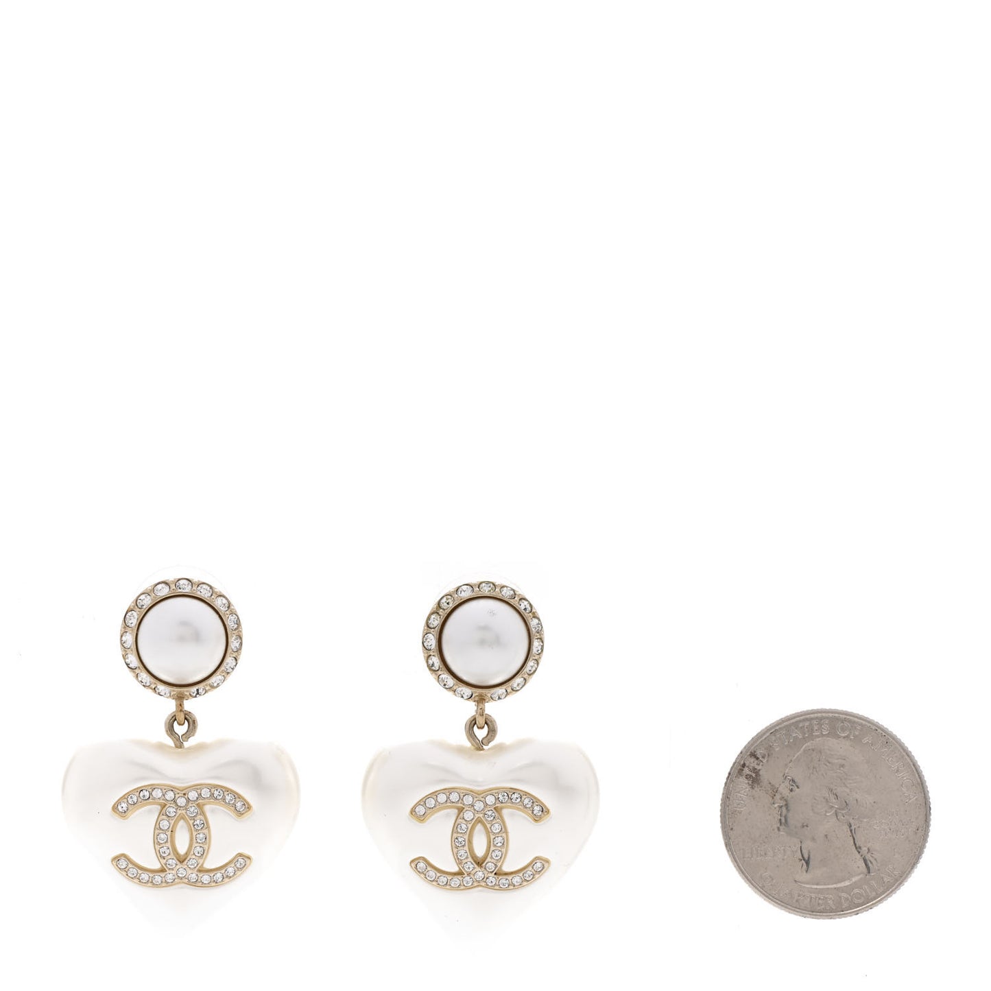 Pearl Crystal CC Heart Drop Earrings Gold