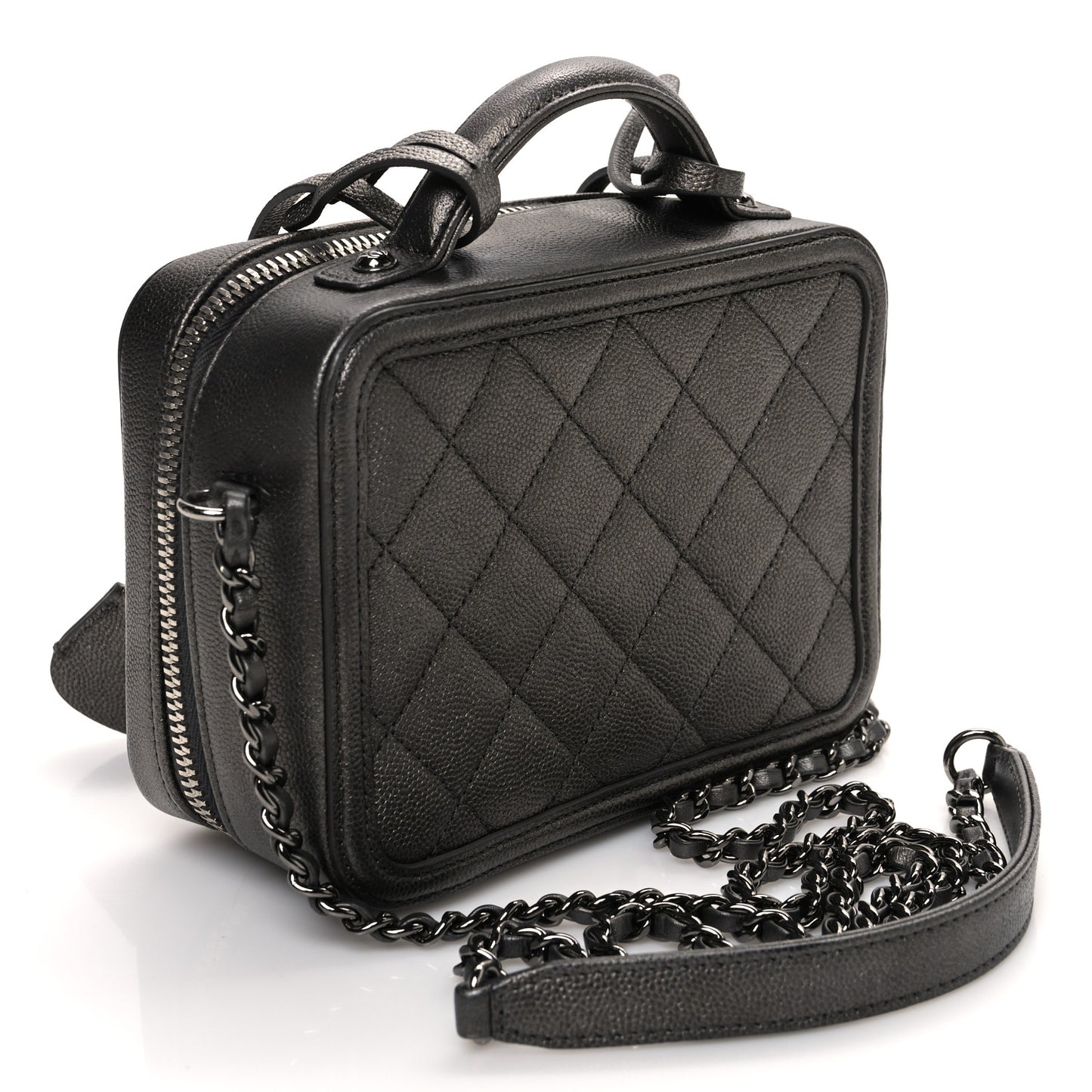 Metallic Caviar Quilted Small CC Filigree Vanity Case Dark Silver