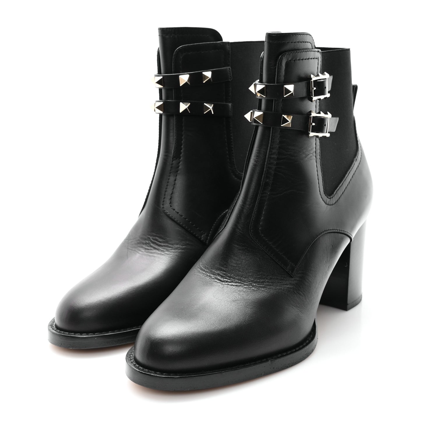 Calfskin Rockstud Double Buckle Beatle Chelsea 70mm Ankle Boots 40 Black