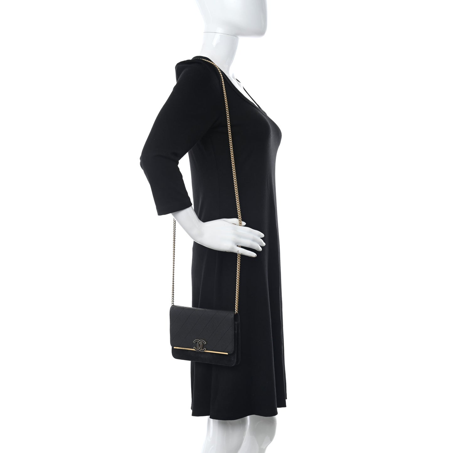 Caviar Suede Stitched Lady Coco Wallet On Chain WOC Black